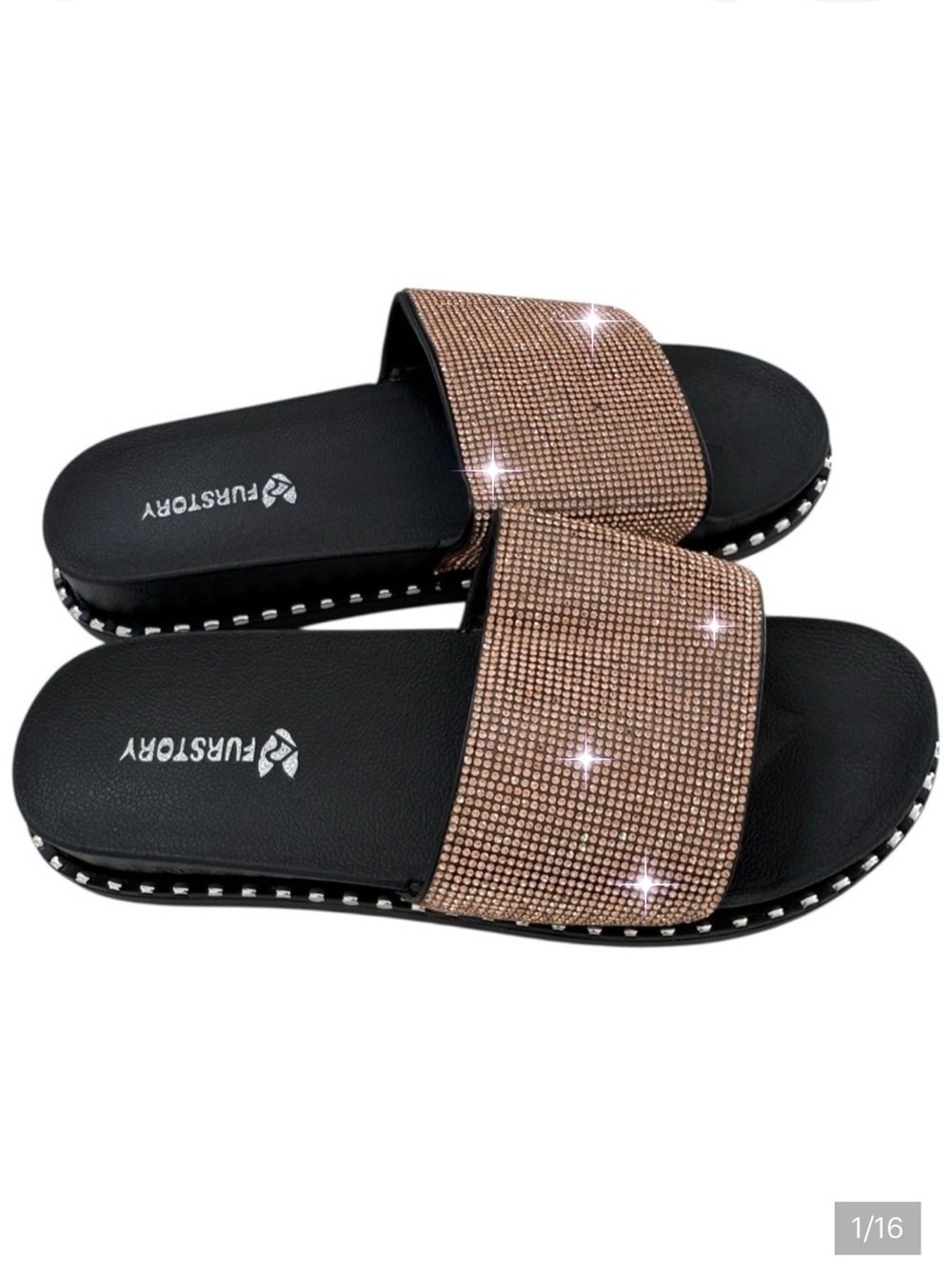 Fur Story Women's Slides Rise Gold Rhinestone Platform Sandals Slippers Size 10